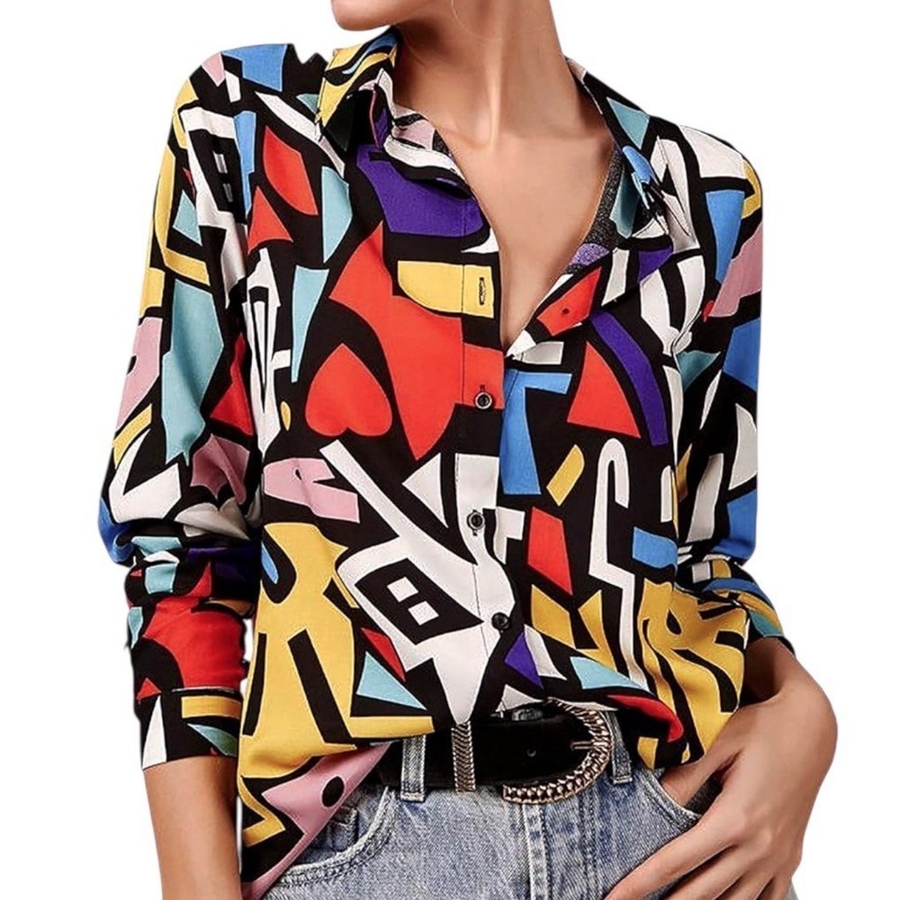 BIG DART Button Up Shirt sz M Multicolor Geometric Pop Art Print Long Sleeve
